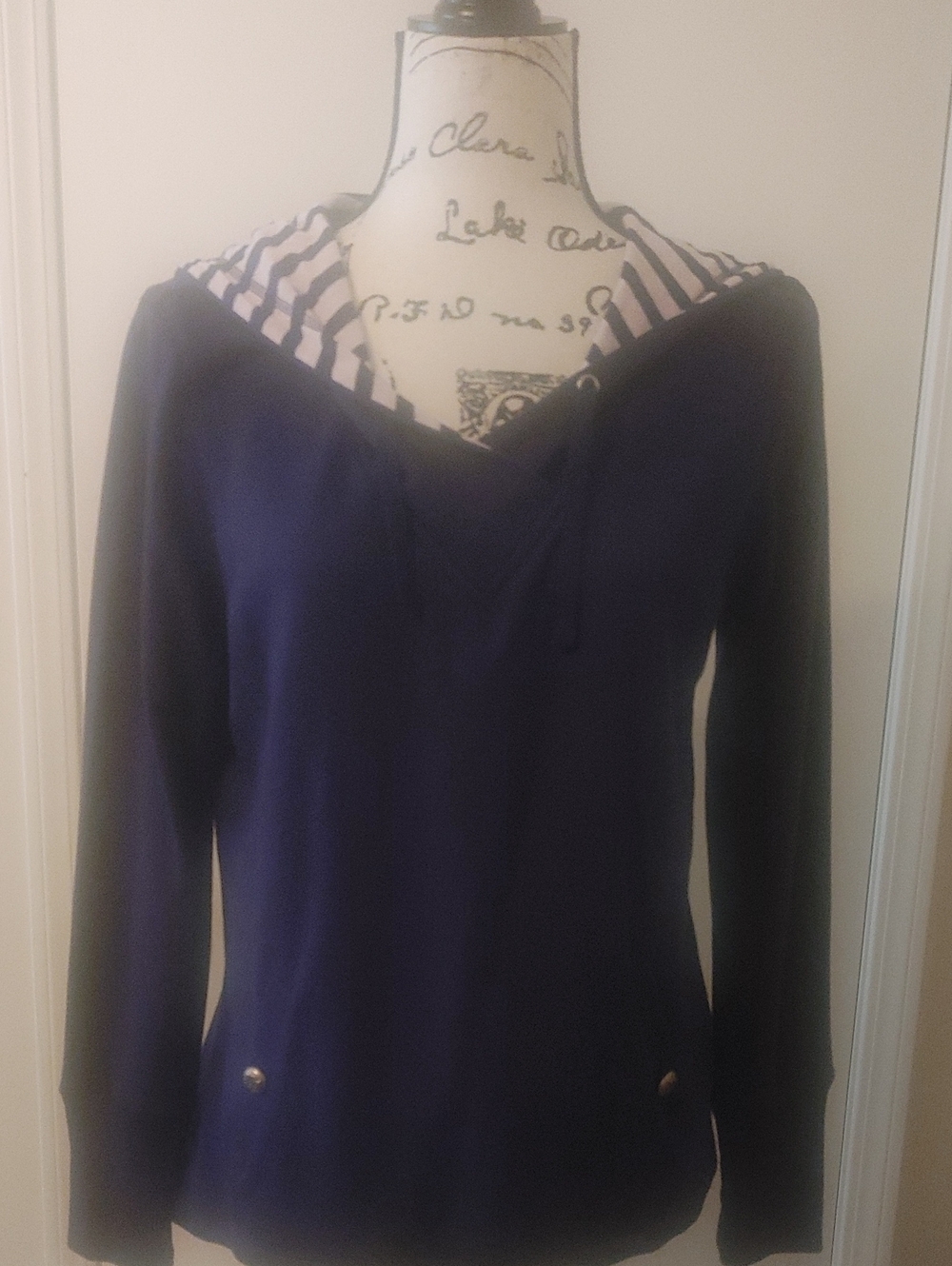 Cato Navy V-Neck Hooded Pullover with Light Pink Striped Hood Lining